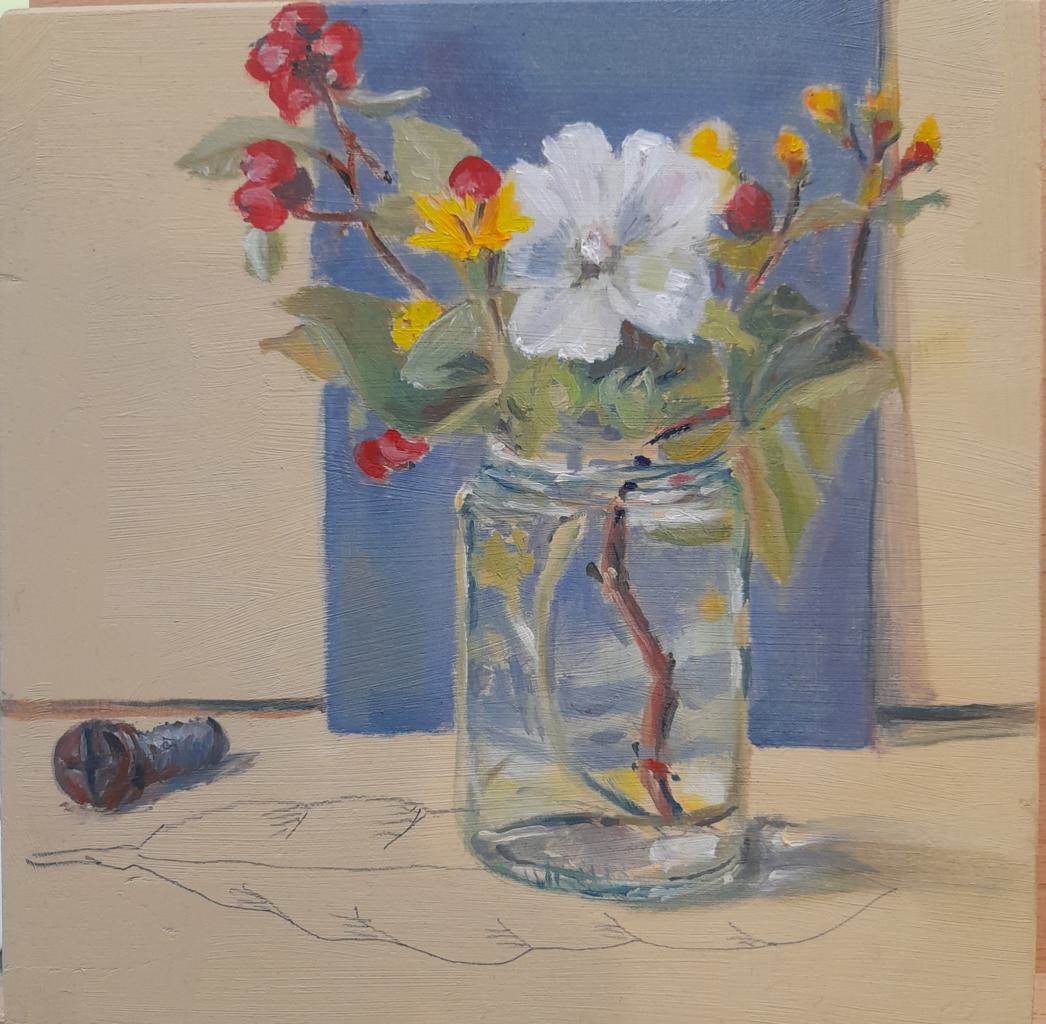 Blumen im Marmeladenglas mit weiáer Malve Oel auf Multiplex 15 mal 15 cm